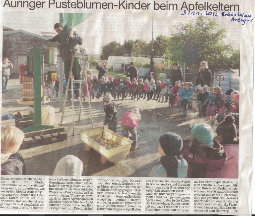 Zeitungsartikel: Auringer Pusteblumen-Kinder beim Apfelkeltern